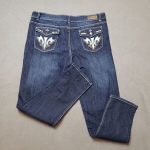 Free Culture Gemstone bling embroidered Size 22  Dark Wash Jeans flap pocket